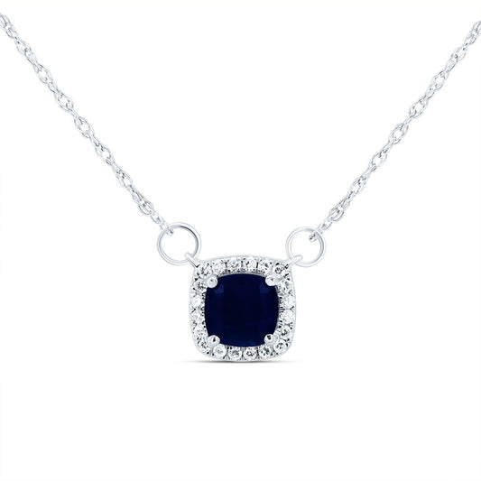 14kt White Gold 1/12 Cttw Diamond 5x5mm Cushion Blue Sapphire Natural Gem Cushion Necklace, Length: 18 Inch
