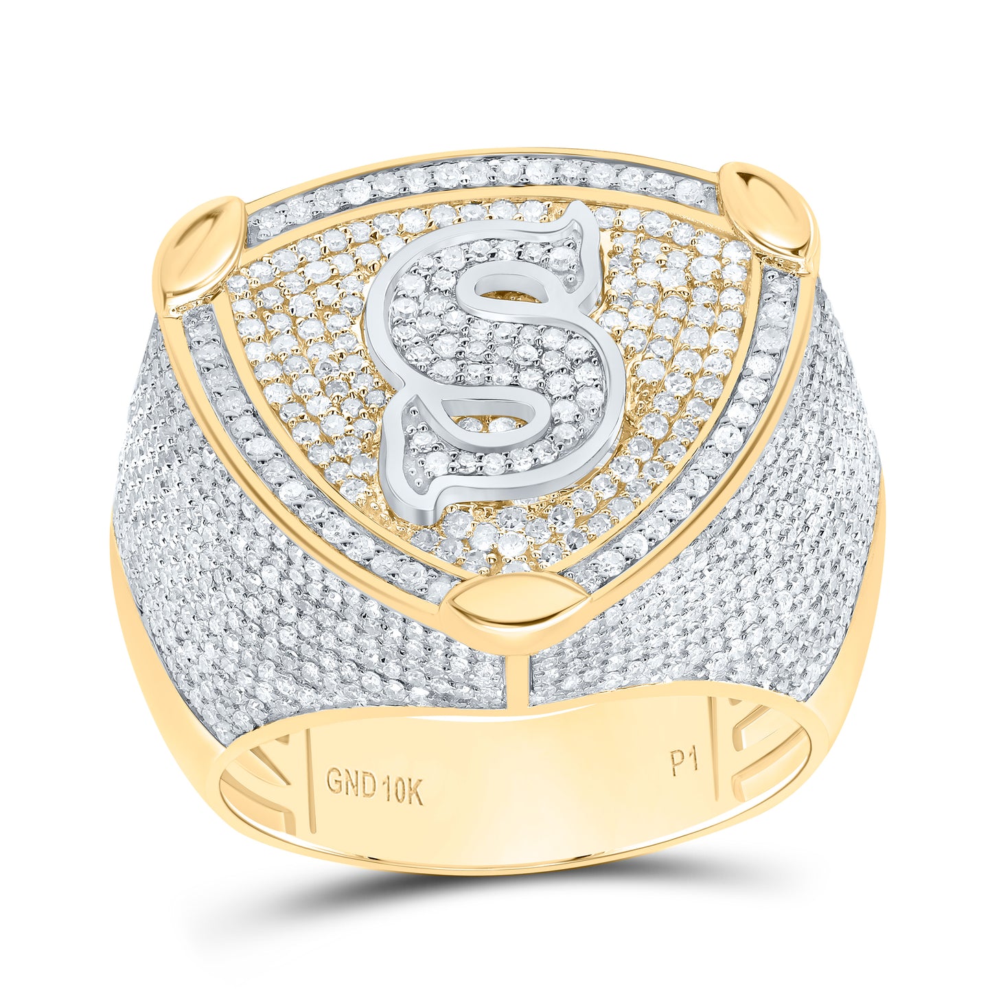 10k Yellow White Gold Diamond Initial Men's Ring