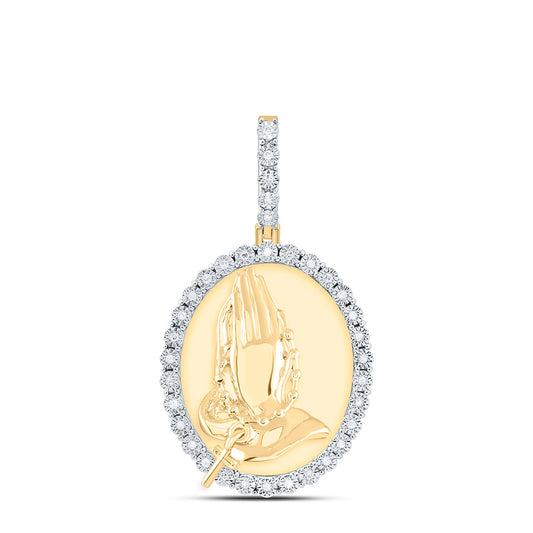 Sterling Silver Yellow-Tone or White-Tone 1/8 Ctw Natural Diamond Praying Hand Cross Oval Pendant