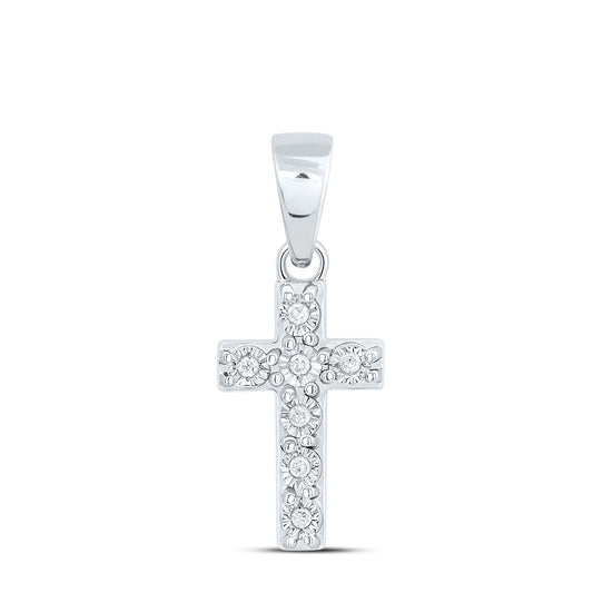 Sterling Silver White-Tone 1/20 Ctw Natural Diamond Cross Pendant