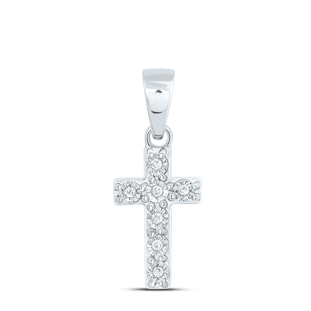 Sterling Silver White-Tone 1/8 Ctw Natural Diamond Cross Pendant
