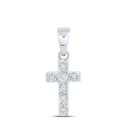 Sterling Silver White-Tone 1/8 Ctw Natural Diamond Cross Pendant