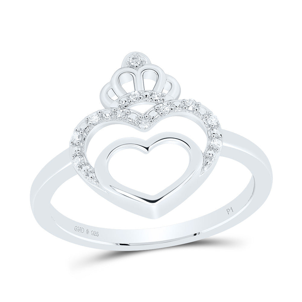 Sterling Silver White-Tone 1/20 Ctw Natural Diamond Crown Heart Ring, Womens Size: 5-9