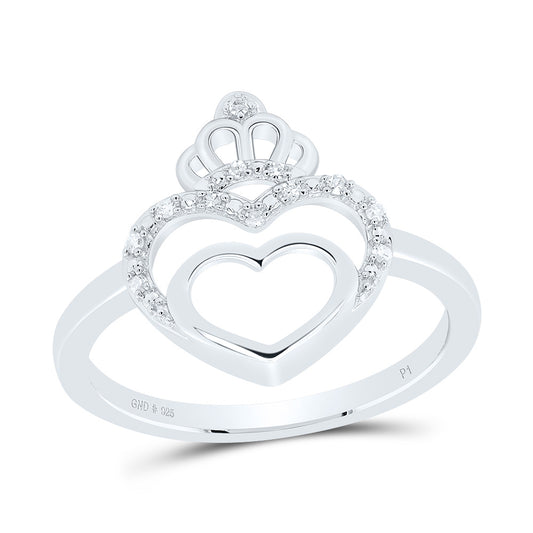 Sterling Silver White-Tone 1/20 Ctw Natural Diamond Crown Heart Ring, Womens Size: 5-9