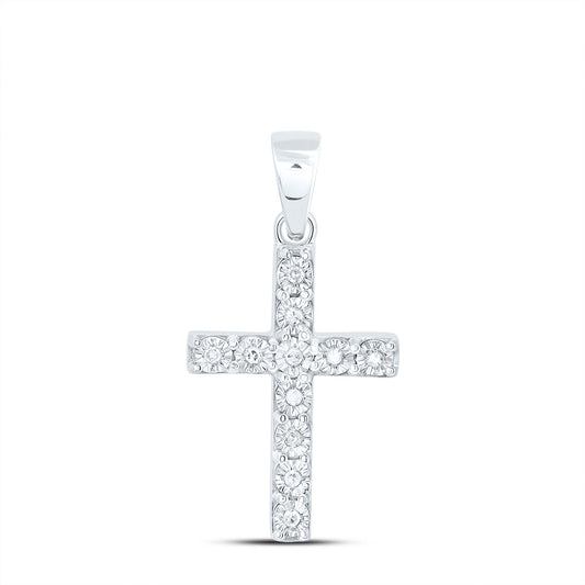 Sterling Silver White-Tone 1/20 Ctw Natural Diamond Cross Pendant