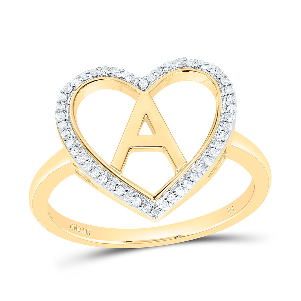 10K Yellow Gold 1/10 Ctw Natural Diamond Initial Ladies Heart Ring, Womens Size: 5-9