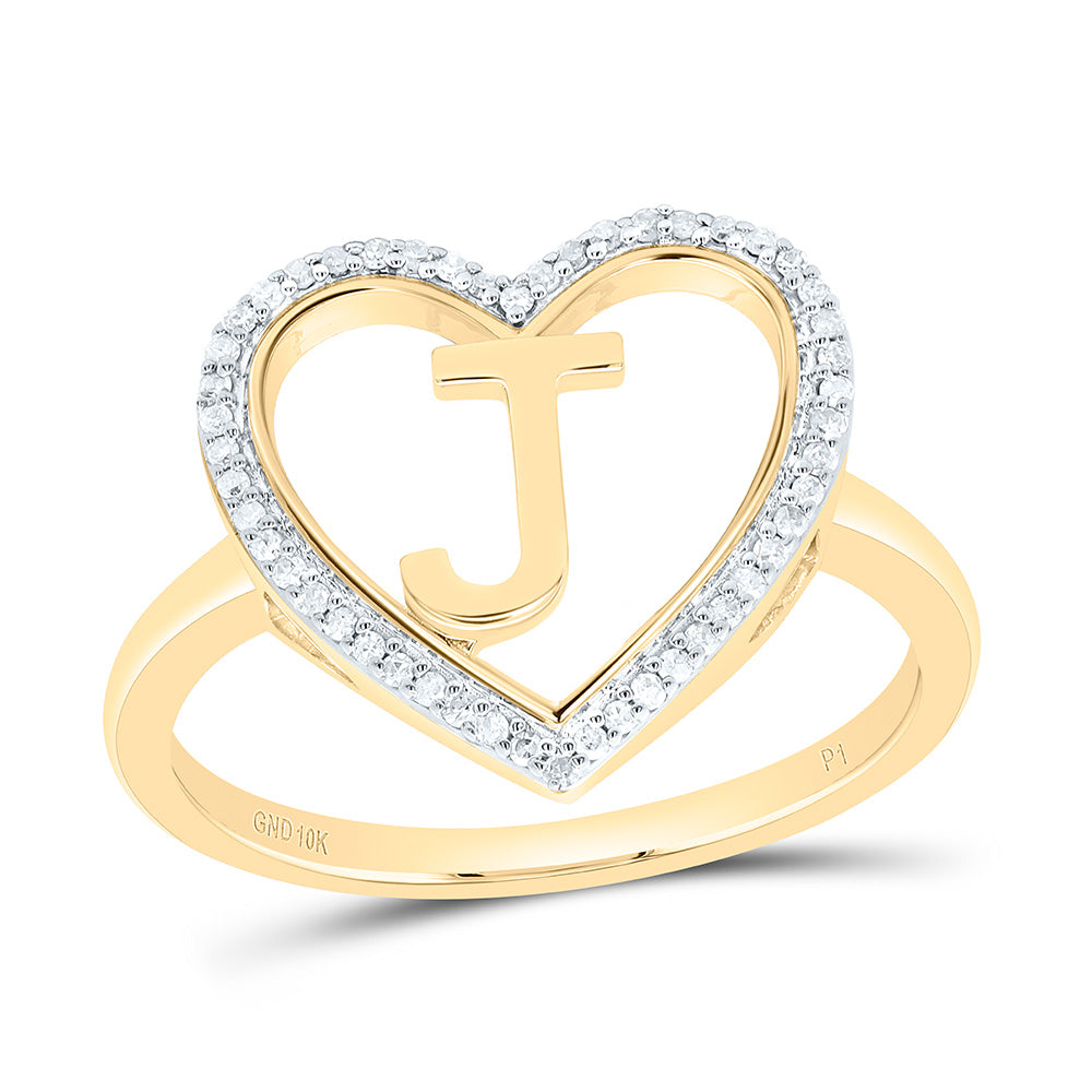 10K Yellow Gold 1/10 Ctw Natural Diamond Initial Ladies Heart Ring, Womens Size: 5-9