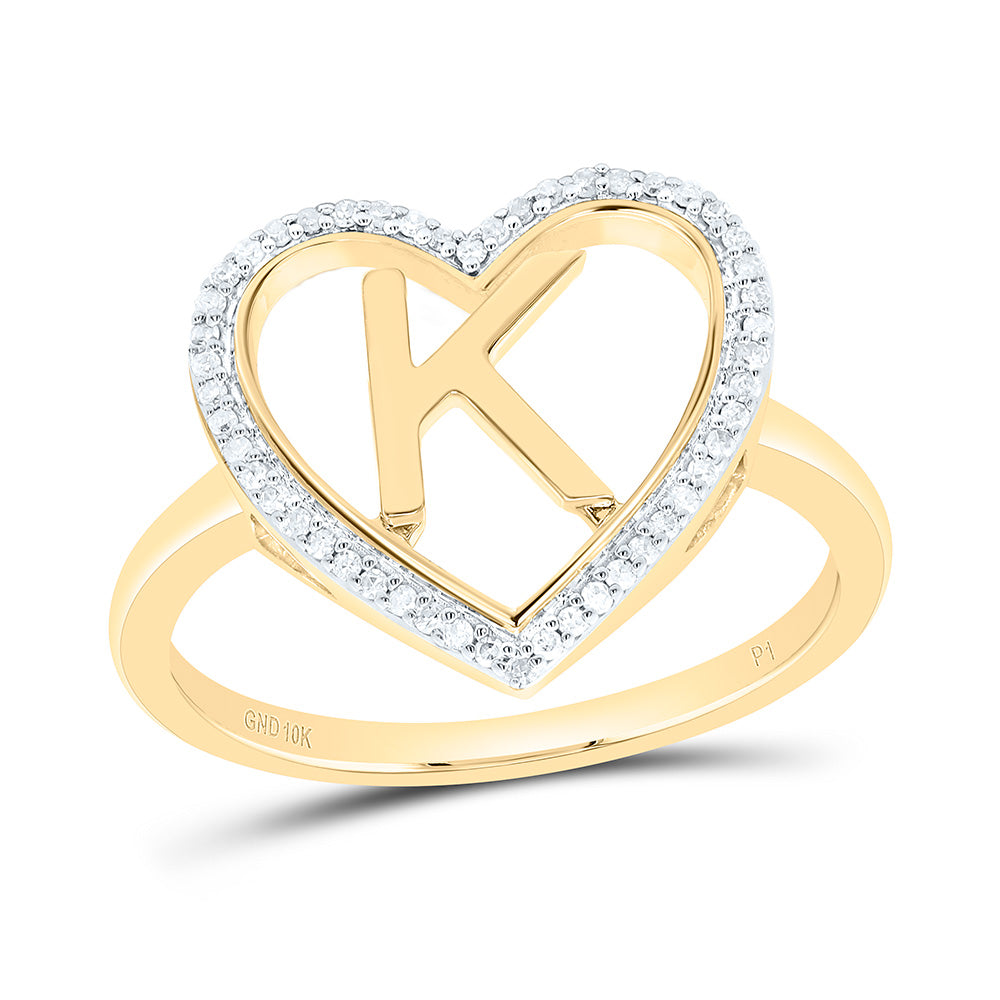 10K Yellow Gold 1/10 Ctw Natural Diamond Initial Ladies Heart Ring, Womens Size: 5-9