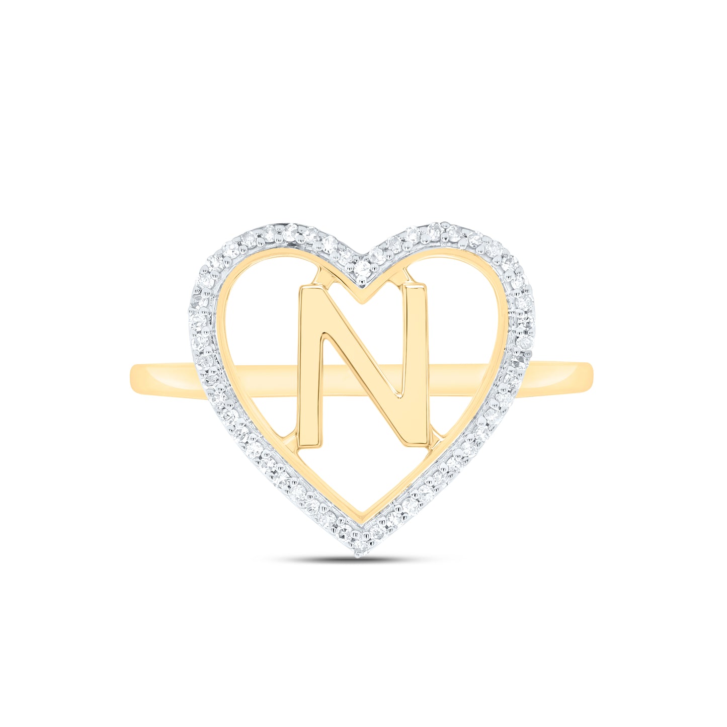 10K Yellow Gold 1/10 Ctw Natural Diamond Initial Ladies Heart Ring, Womens Size: 5-9