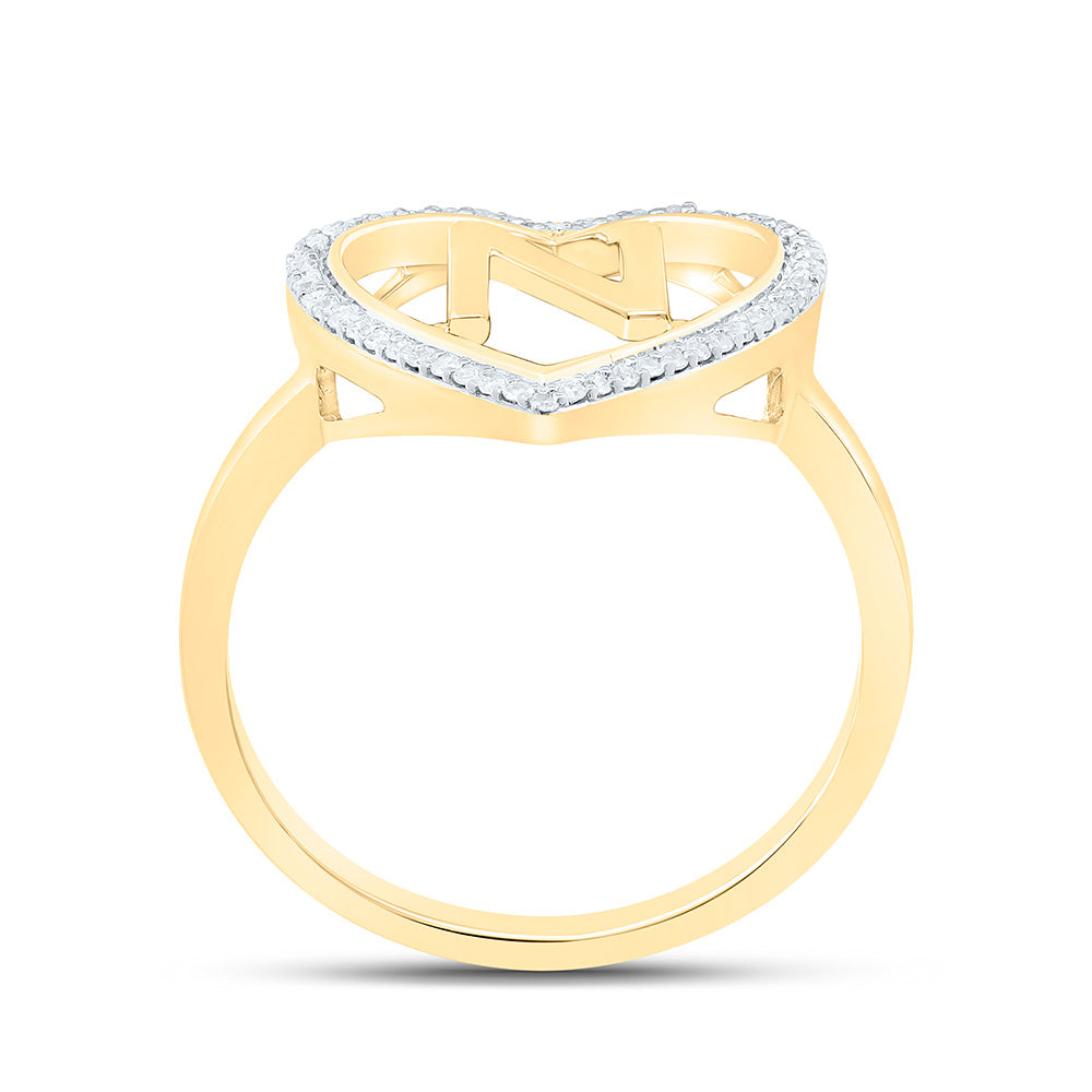 10K Yellow Gold 1/10 Ctw Natural Diamond Initial Ladies Heart Ring, Womens Size: 5-9