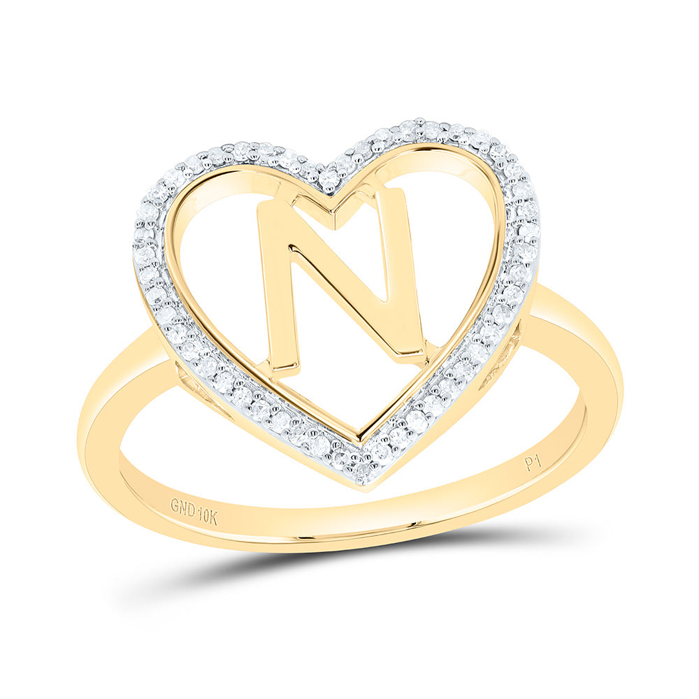 10K Yellow Gold 1/10 Ctw Natural Diamond Initial Ladies Heart Ring, Womens Size: 5-9