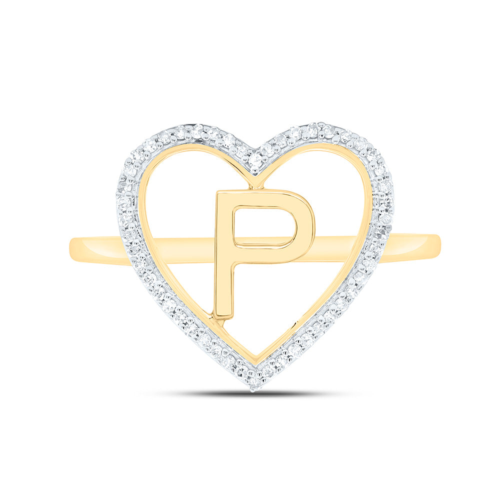 10K Yellow Gold 1/10 Ctw Natural Diamond Initial Ladies Heart Ring, Womens Size: 5-9