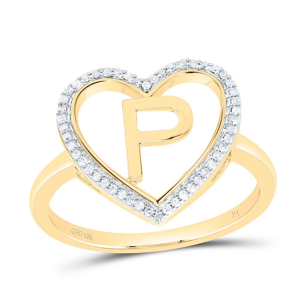10K Yellow Gold 1/10 Ctw Natural Diamond Initial Ladies Heart Ring, Womens Size: 5-9