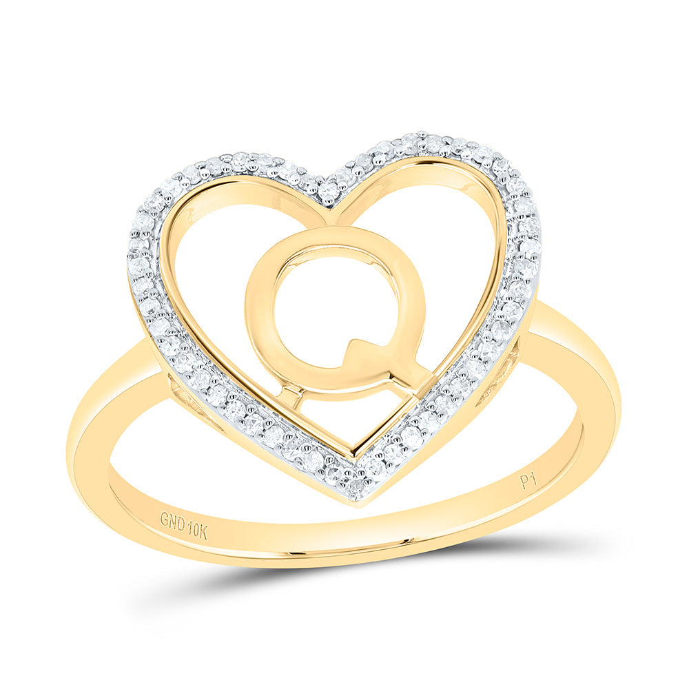 10K Yellow Gold 1/10 Ctw Natural Diamond Initial Ladies Heart Ring, Womens Size: 5-9