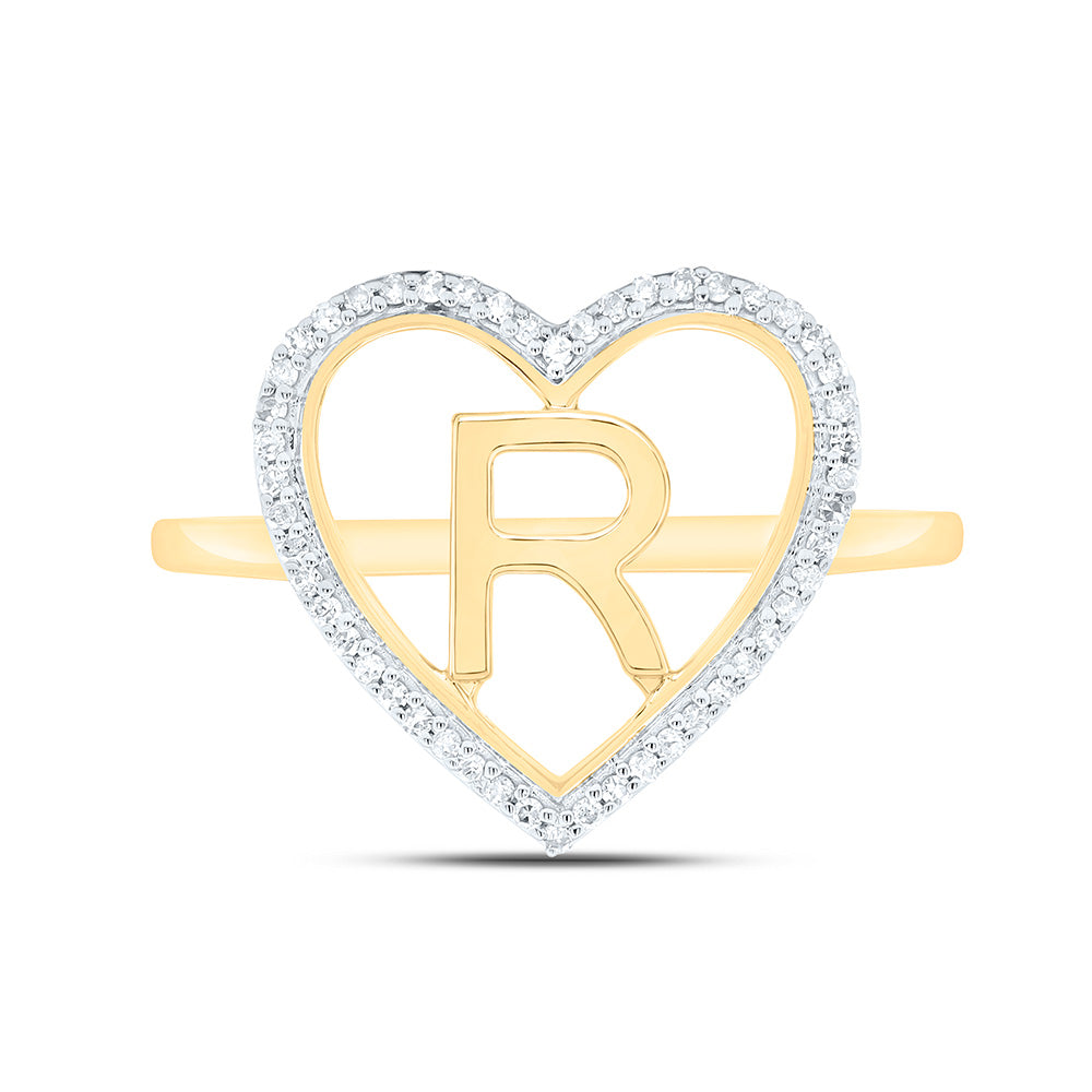 10K Yellow Gold 1/10 Ctw Natural Diamond Initial Ladies Heart Ring, Womens Size: 5-9
