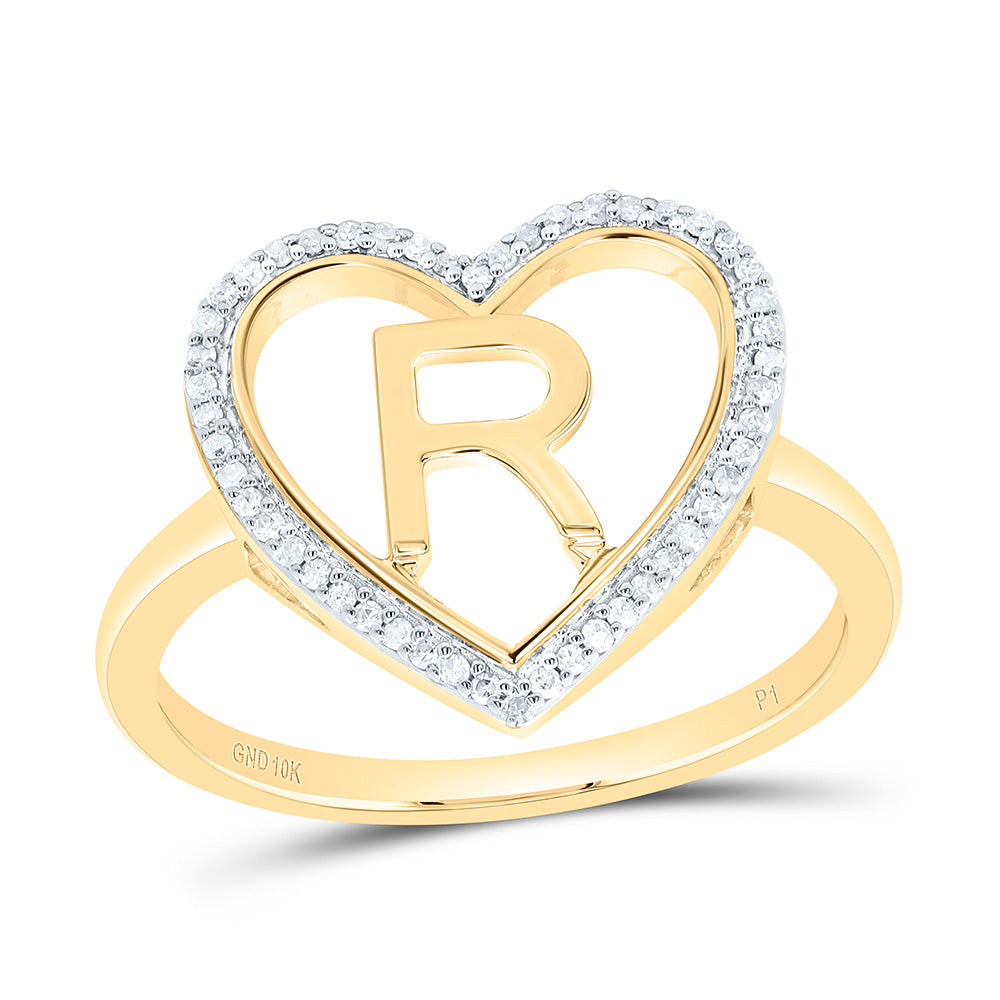 10K Yellow Gold 1/10 Ctw Natural Diamond Initial Ladies Heart Ring, Womens Size: 5-9