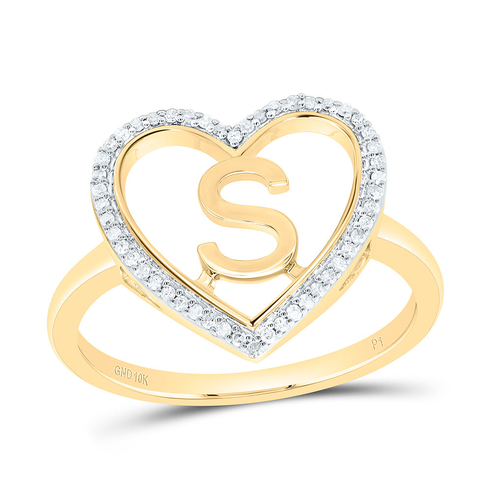 10K Yellow Gold 1/10 Ctw Natural Diamond Initial Ladies Heart Ring, Womens Size: 5-9
