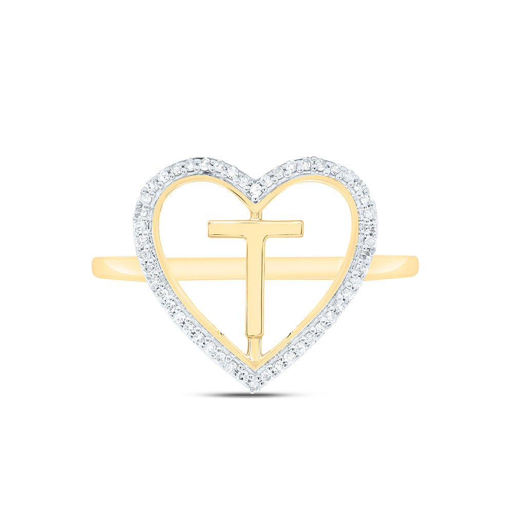 10K Yellow Gold 1/10 Ctw Natural Diamond Initial Ladies Heart Ring, Womens Size: 5-9