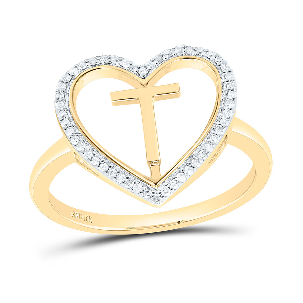 10K Yellow Gold 1/10 Ctw Natural Diamond Initial Ladies Heart Ring, Womens Size: 5-9