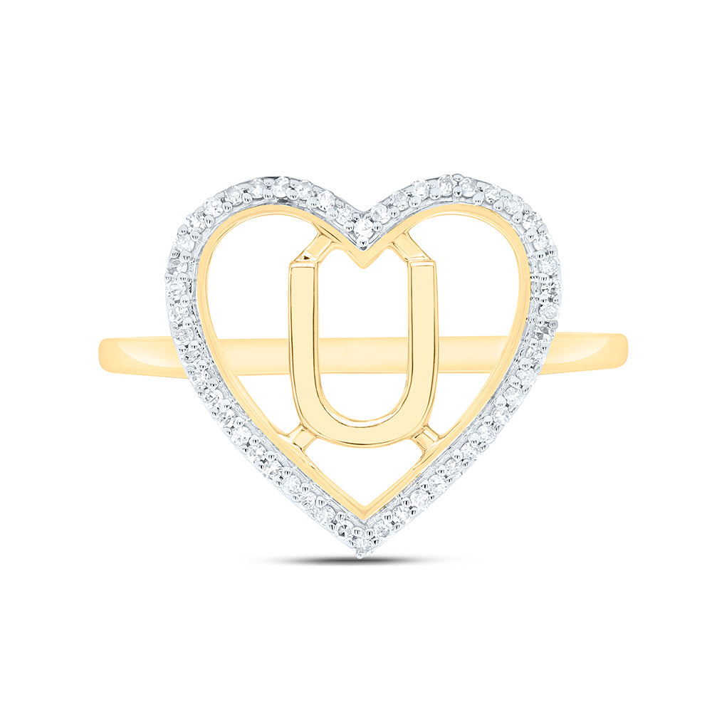 10K Yellow Gold 1/10 Ctw Natural Diamond Initial Ladies Heart Ring, Womens Size: 5-9