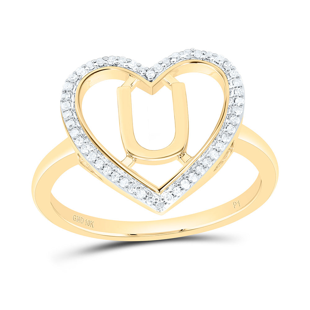 10K Yellow Gold 1/10 Ctw Natural Diamond Initial Ladies Heart Ring, Womens Size: 5-9