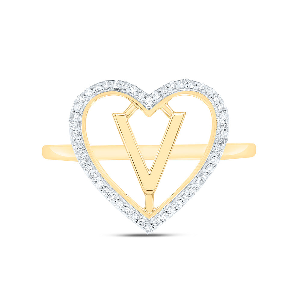 10K Yellow Gold 1/10 Ctw Natural Diamond Initial Ladies Heart Ring, Womens Size: 5-9
