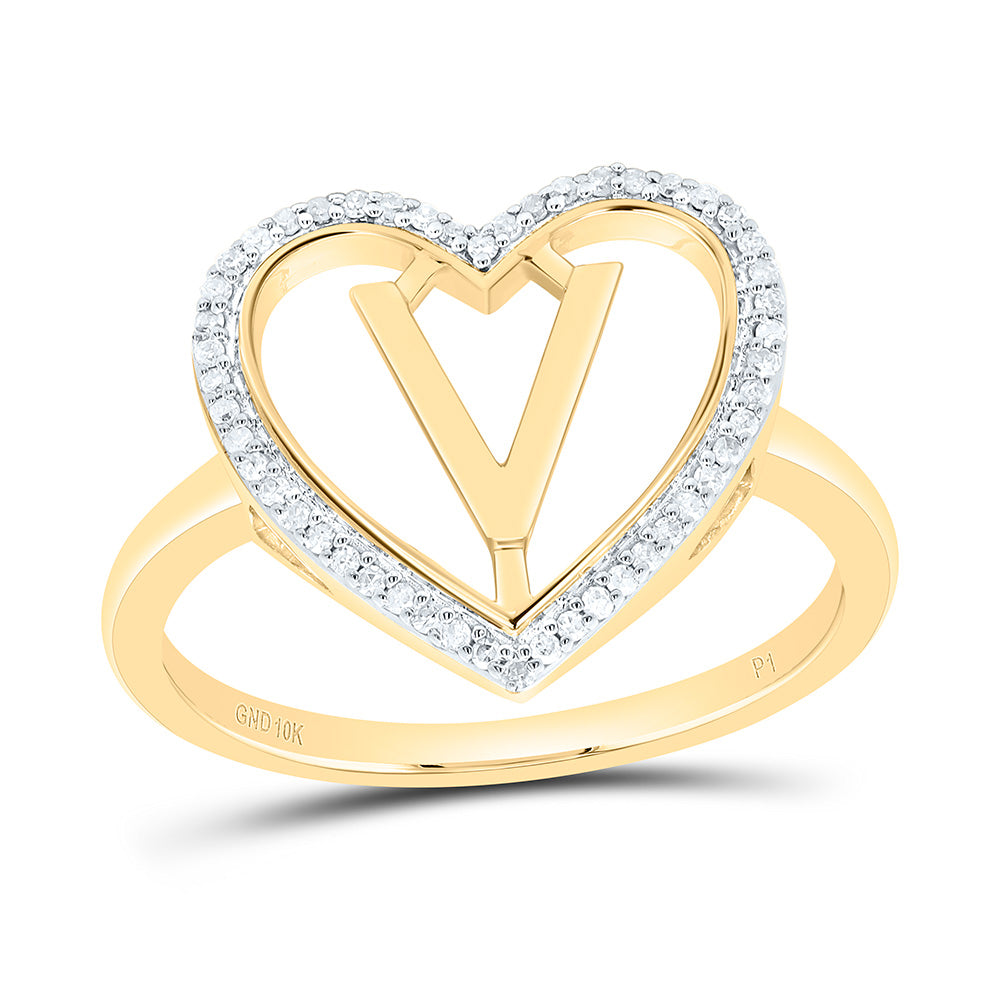 10K Yellow Gold 1/10 Ctw Natural Diamond Initial Ladies Heart Ring, Womens Size: 5-9