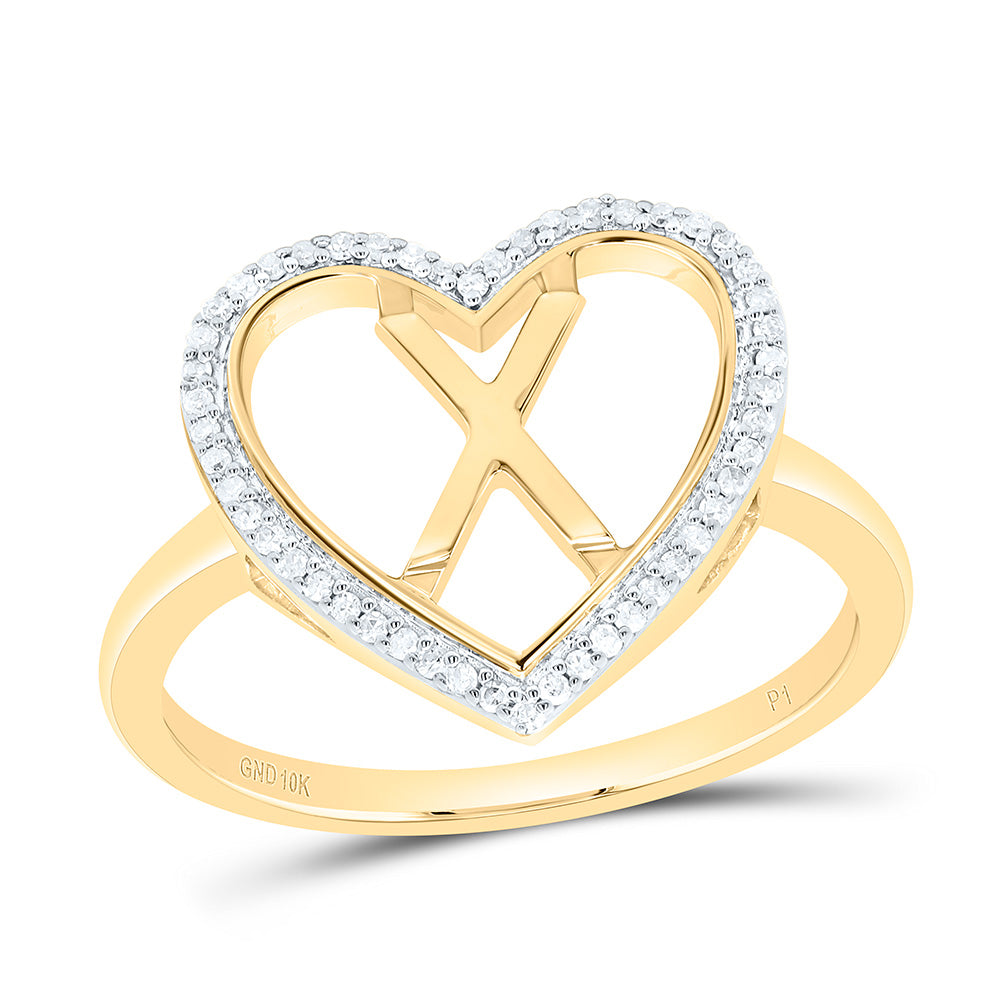 10K Yellow Gold 1/10 Ctw Natural Diamond Initial Ladies Heart Ring, Womens Size: 5-9