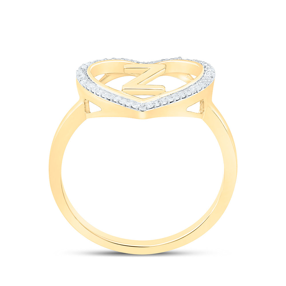 10K Yellow Gold 1/10 Ctw Natural Diamond Initial Ladies Heart Ring, Womens Size: 5-9