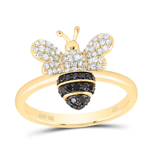 10K Yellow Gold 3/8 Ctw Natural Diamond Round Black Diamond Honey Bee Ring, Womens Size: 5-9