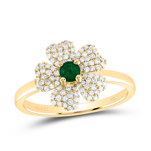 14K Yellow Gold 1/4Cttw Natural Diamond 3.5Mm-Natural Round Emerald Flower Ring