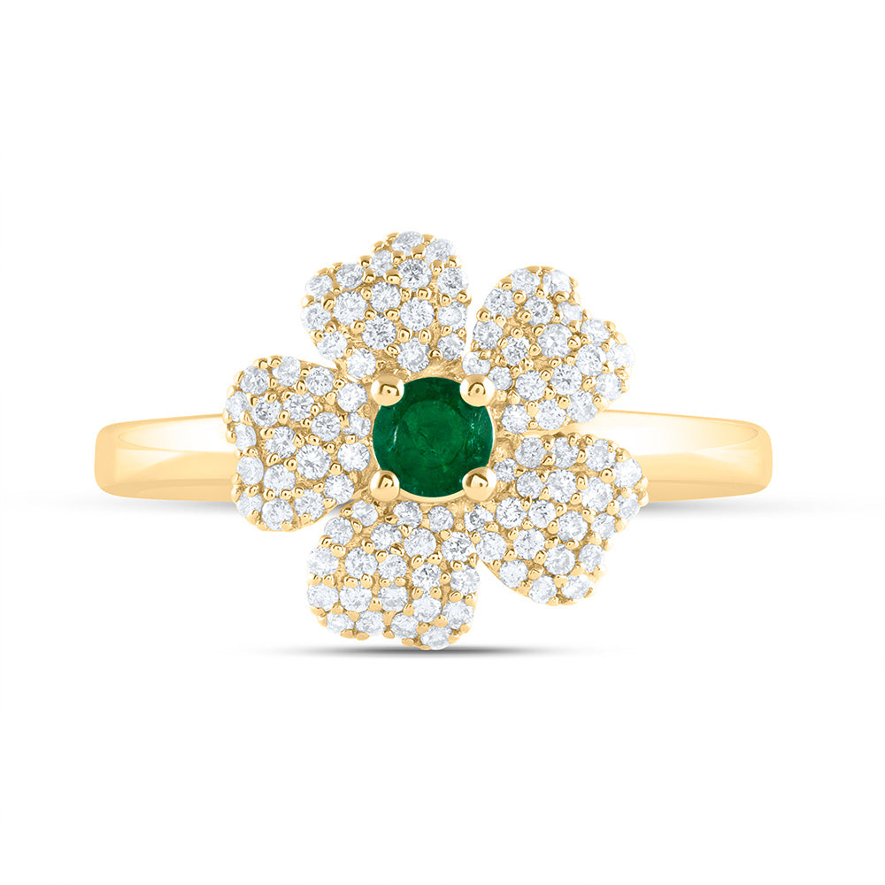 14K Yellow Gold 1/4Cttw Natural Diamond 3.5Mm-Natural Round Emerald Flower Ring