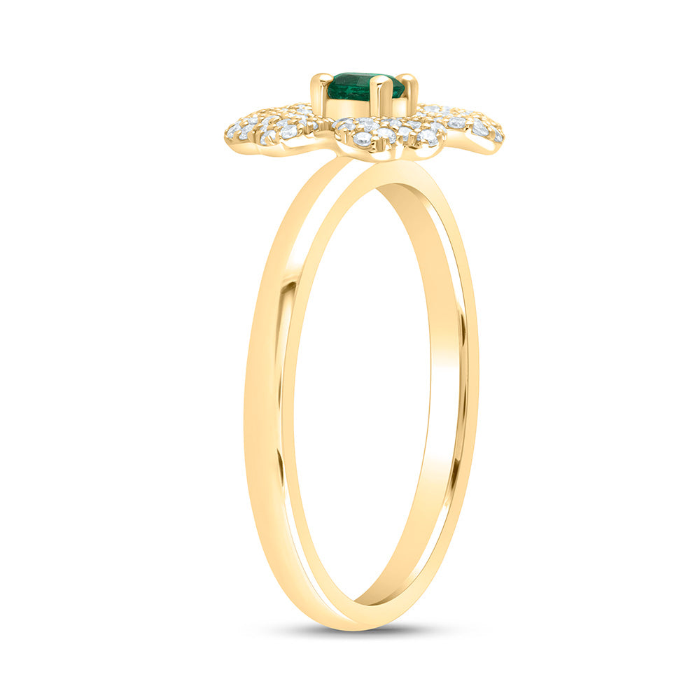 14K Yellow Gold 1/4Cttw Natural Diamond 3.5Mm-Natural Round Emerald Flower Ring