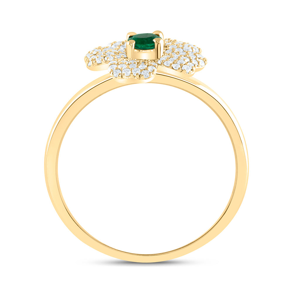 14K Yellow Gold 1/4Cttw Natural Diamond 3.5Mm-Natural Round Emerald Flower Ring