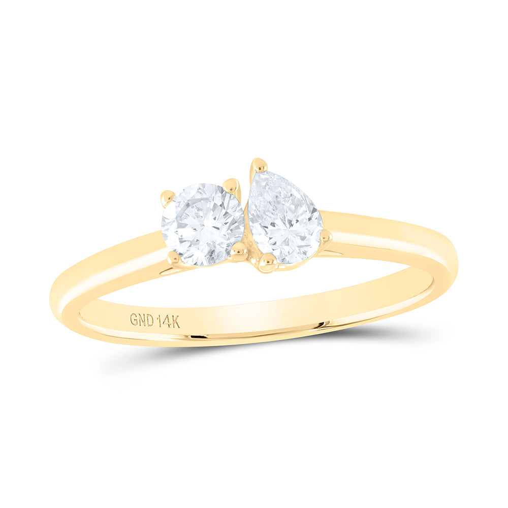 14K Yellow Or White Gold 1/2Cttw Natural Diamond I1-Ij 1/4Ct Center Round, 1/4Ct Center Pear Shape 2 Stone Ring