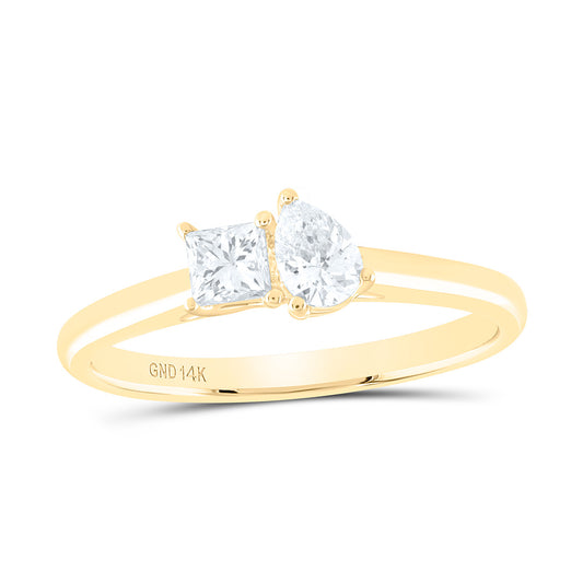 14K Yellow Gold 1/2Cttw Natural Diamond I1 IJ 1/4Ct Center Princess, 1/4Ct Center Pear Shape 2 Stone Ring