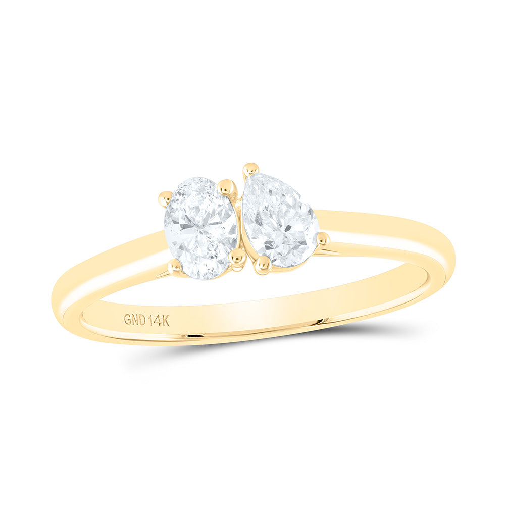 14K Yellow Gold 1/2Cttw Natural Diamond I1 IJ 1/4Ct Center Oval, 1/4Ct Center Pear Shape, I1 IJ 2 Stone Ring