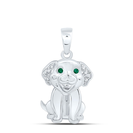 Sterling Silver White-Tone 0.03 Ctw Diamond 1.1MM Round Emerald Natural Gem Dog Pendant