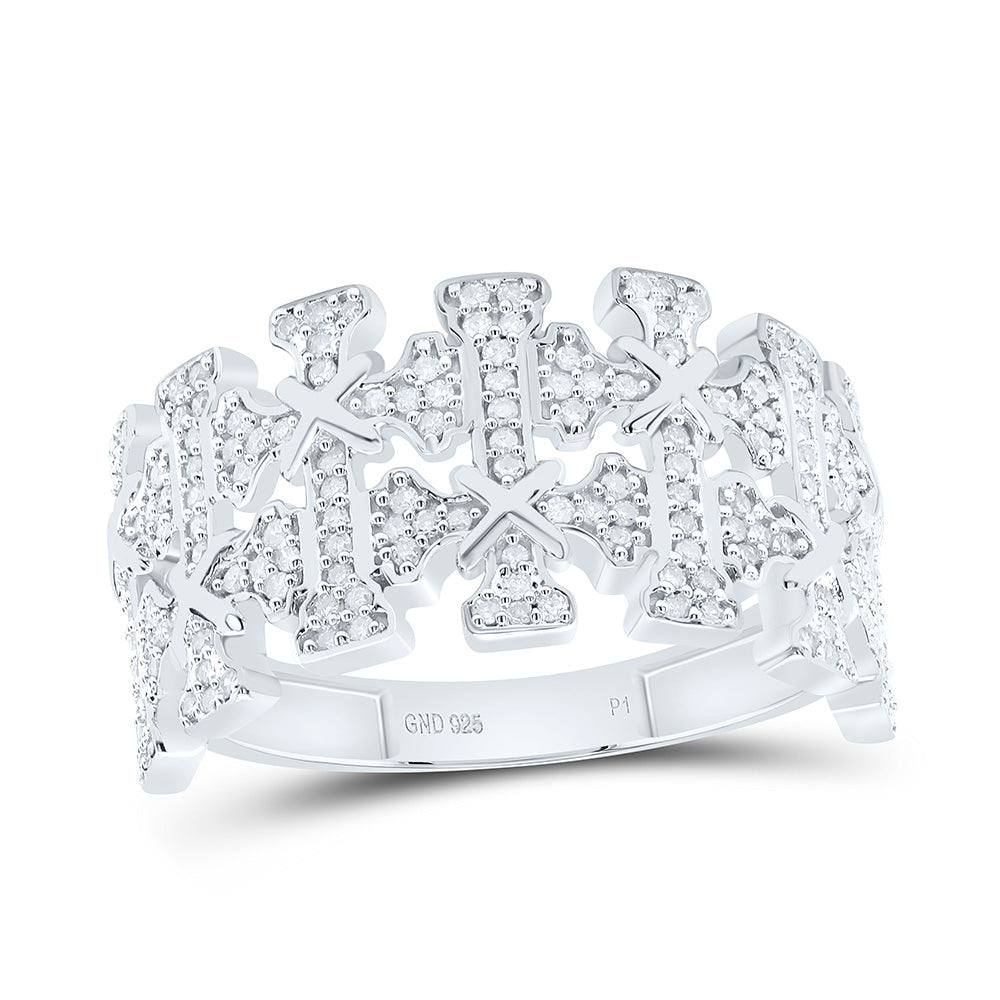 Sterling Silver Yellow-Tone or White-Tone 1/2 Ct Natural Diamond Crome Cross Mens Ring, Mens Size: 8-12