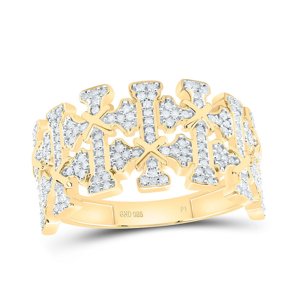 Sterling Silver Yellow-Tone or White-Tone 1/2 Ct Natural Diamond Crome Cross Mens Ring, Mens Size: 8-12