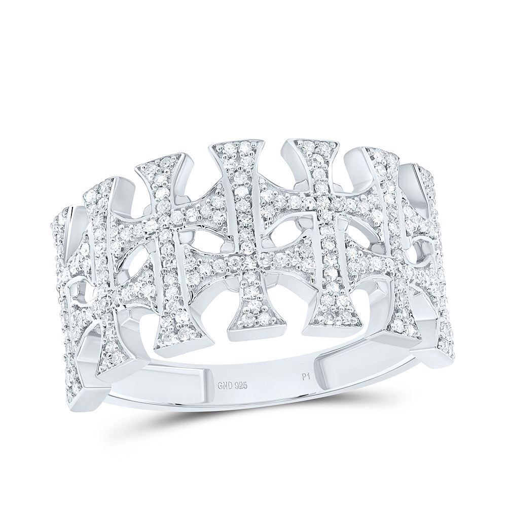 Sterling Silver Yellow-Tone or White-Tone 3/8 Ct Natural Diamond Crome Cross Mens Ring, Mens Size: 8-12