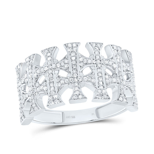 Sterling Silver Yellow-Tone or White-Tone 3/8 Ct Natural Diamond Crome Cross Mens Ring, Mens Size: 8-12