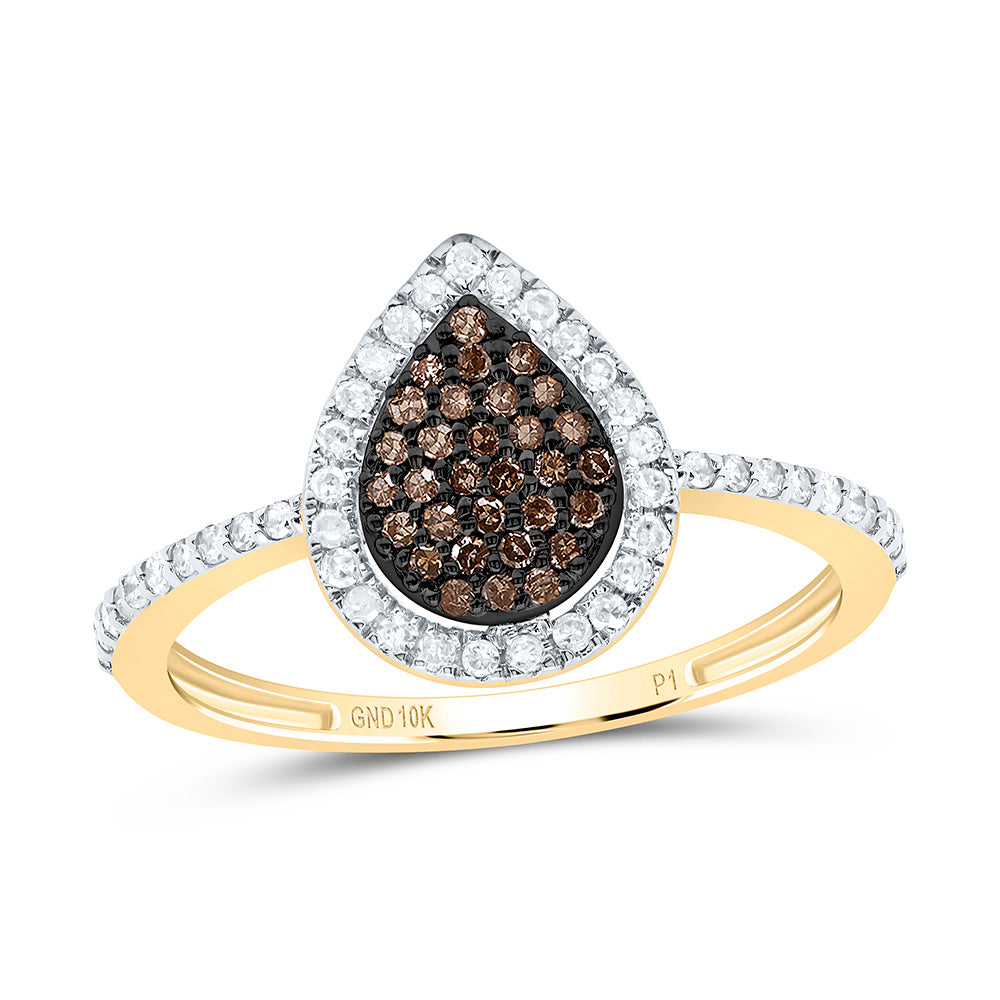 10K Yellow or Rose Gold 1/3 Ctw Natural Diamond Cognac Natural Pear Ring, Womens Size: 5-9