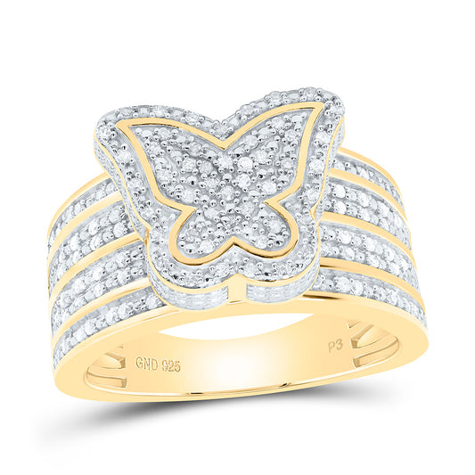 Sterling Silver Yellow-Tone or White-Tone 1/2 Ctw Natural Diamond Butterfly Ring, Womens Size: 5-9