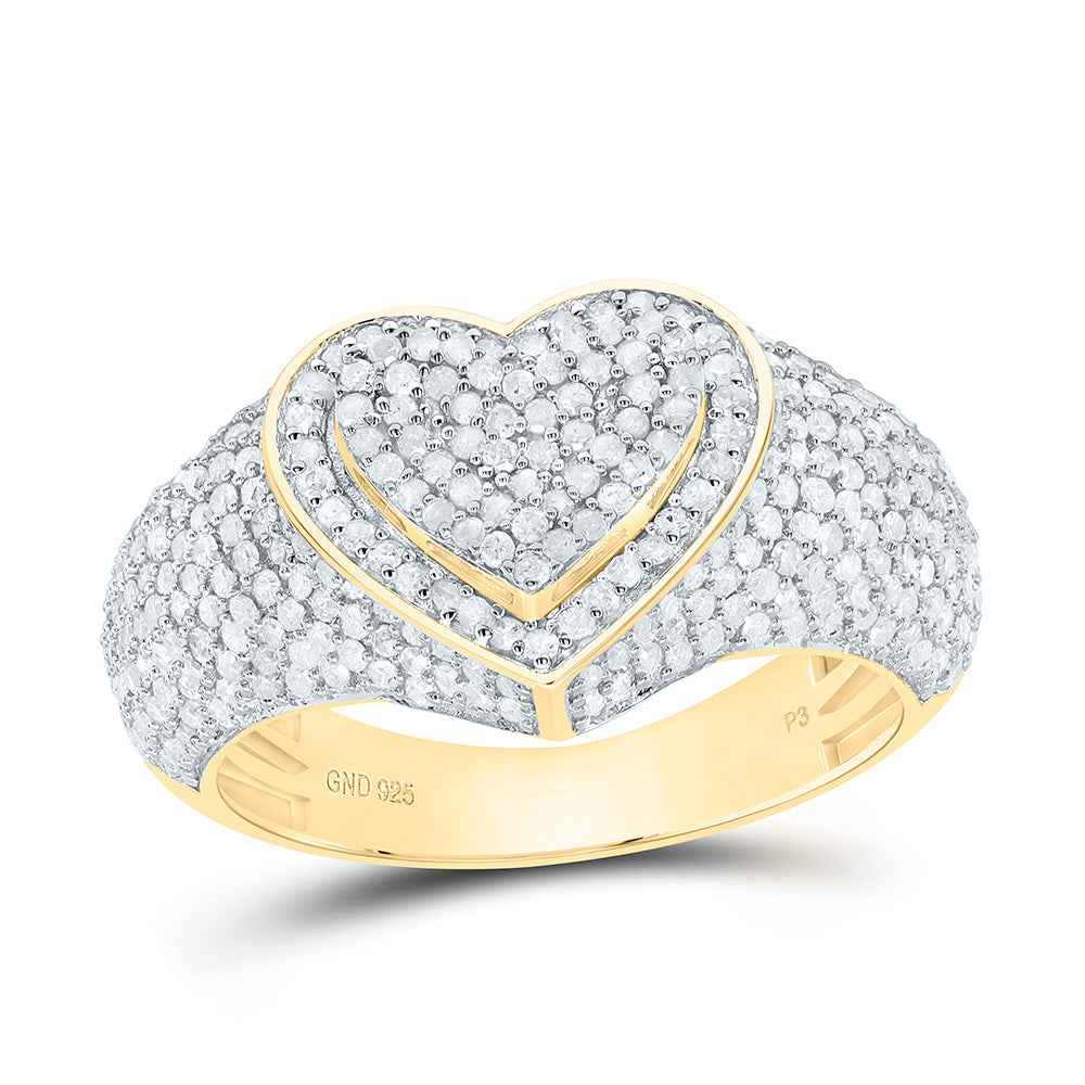 Sterling Silver Yellow-Tone or White-Tone 1 Ctw Natural Diamond Heart Ladies Ring, Womens Size: 5-9