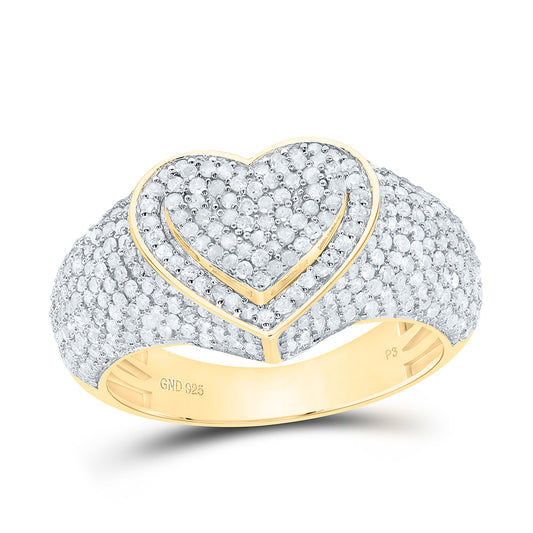 Sterling Silver Yellow-Tone or White-Tone 1 Ctw Natural Diamond Heart Ladies Ring, Womens Size: 5-9