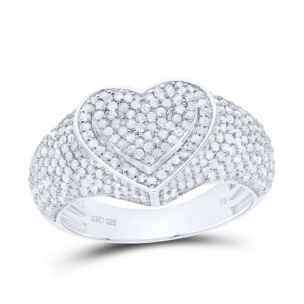 Sterling Silver Yellow-Tone or White-Tone 1 Ctw Natural Diamond Heart Ladies Ring, Womens Size: 5-9