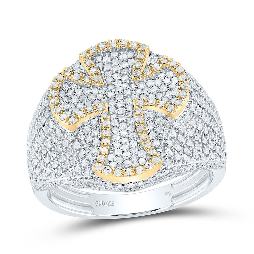 Sterling Silver With Yellow Tone 1 3/8Cttw Natural Diamond Cross Men'S Ring