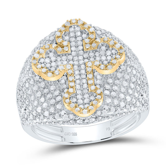 Sterling Silver With Yellow Tone 1 3/8Cttw Natural Diamond Cross Men'S Ring