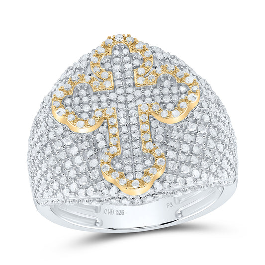 Sterling Silver White-Tone 1 1/3 Ctw Natural Diamond Cross Men's Ring, Mens Size: 8-12